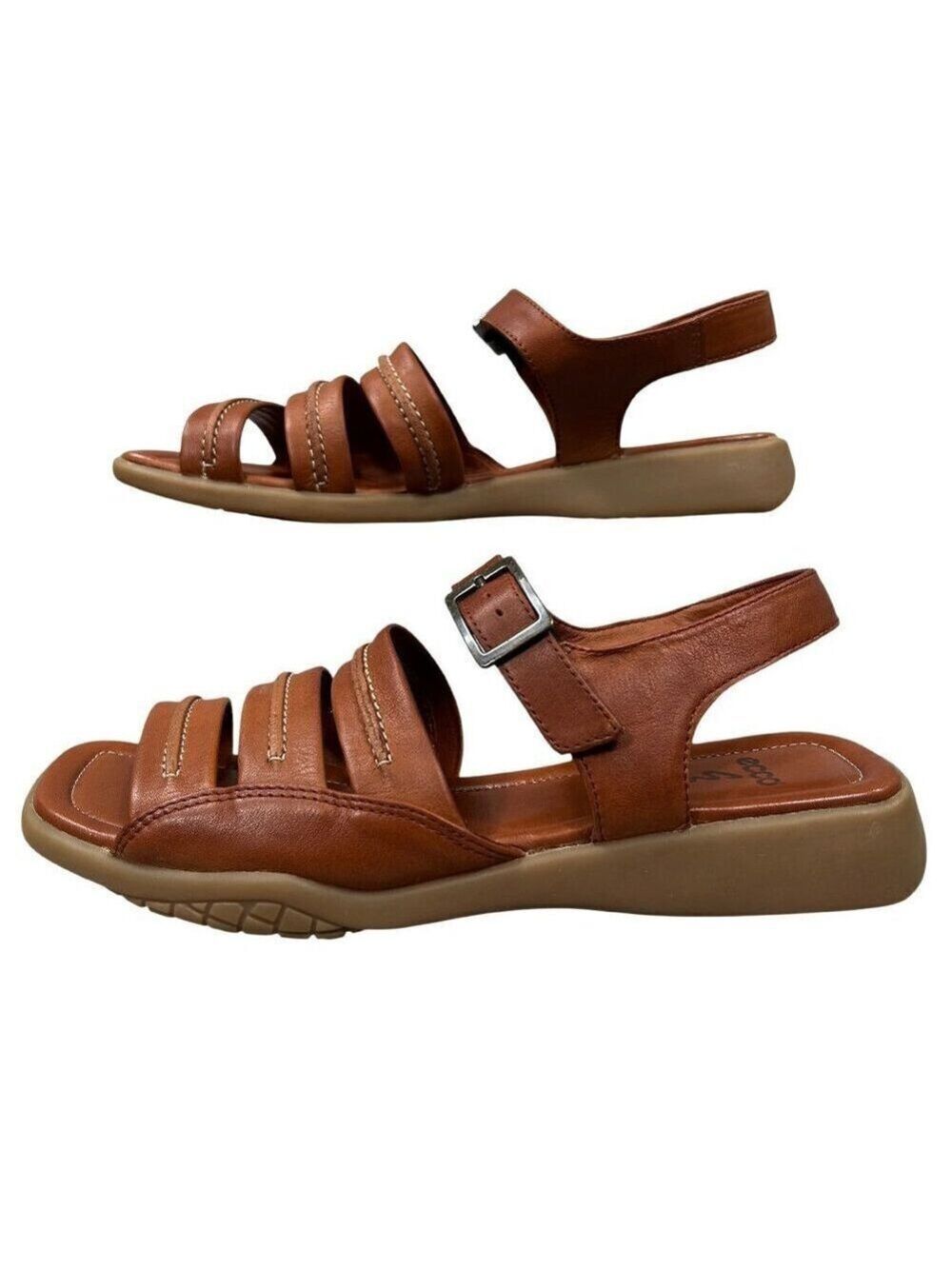Ecco Brown Leather Wedge Buckle Walking Sandals Size 7